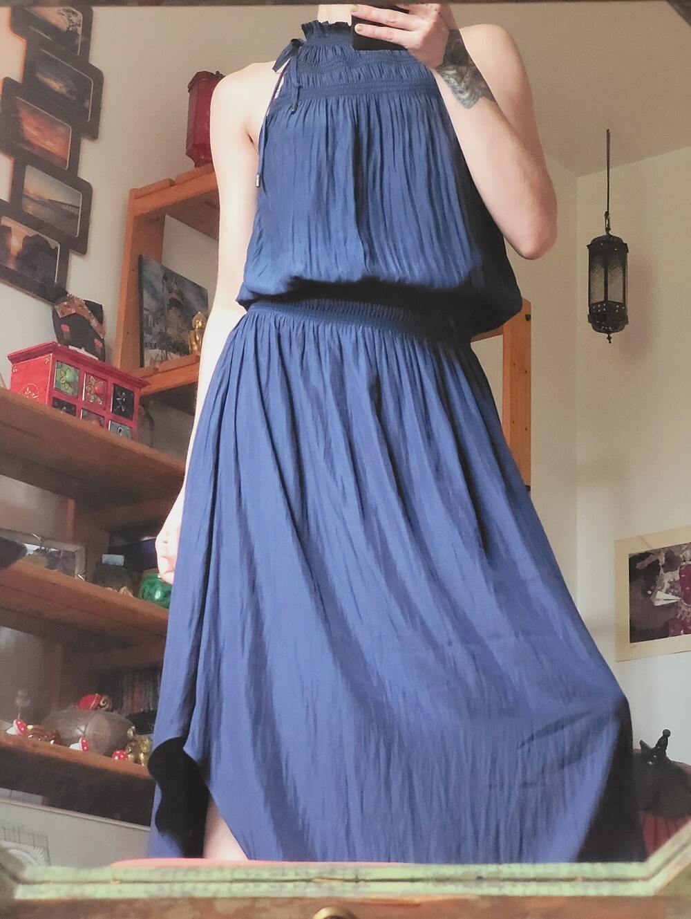 Ramy Brook Carlie Maxi Blouson Dress Ruffled High Neck Navy Blue - S